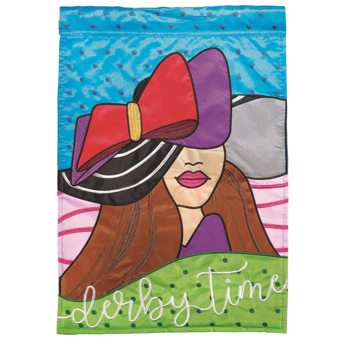 Close up of a 13x18 Derby Time Girl garden flag showing double applique artwork of a fashionable woman in a Derby hat with bright colors and reinforced pole sleeve displayed on a porch post.