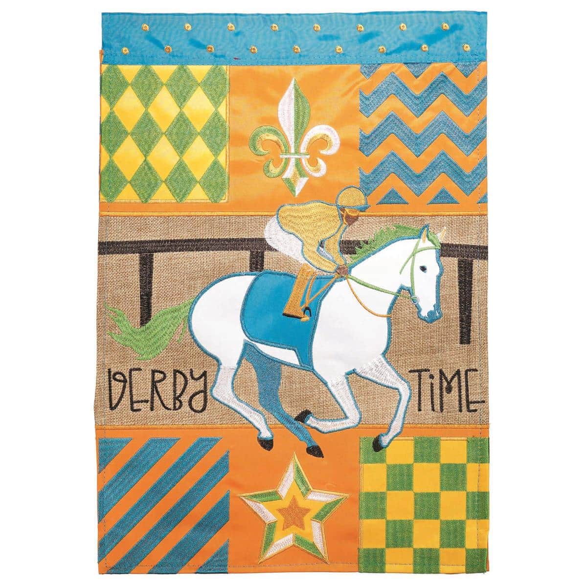 Derby Time Horse 13x18 garden flag with a galloping thoroughbred and jockey in bold colors, double applique layers, and a top pole sleeve on a yard stand