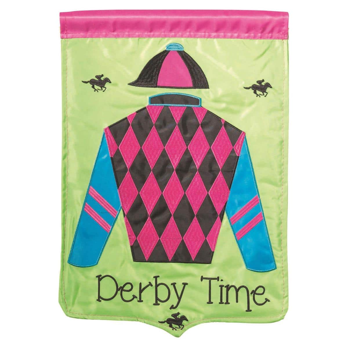 Front-facing 13x18 Derby Time Pink double applique garden flag displayed on a standard metal garden flag stand, showing layered hat and floral derby motif in vibrant pink tones.