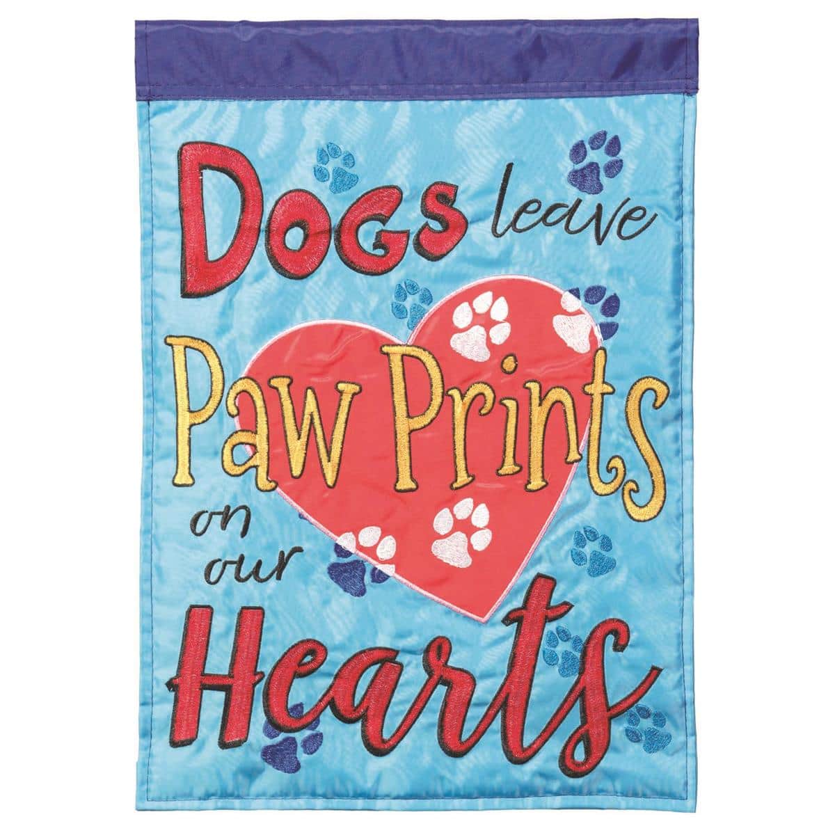 Alt text: 29x42 Dogs Leave Pawprints double applique banner flag showing a trail of pawprints and dog silhouette on a colorful background hung on a front porch pole.
