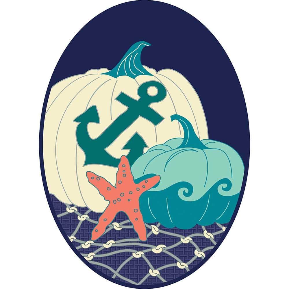 Coastal pumpkin door banner with driftwood tones and autumnal accents on a 5x18 garden flag for fall porch decoration.