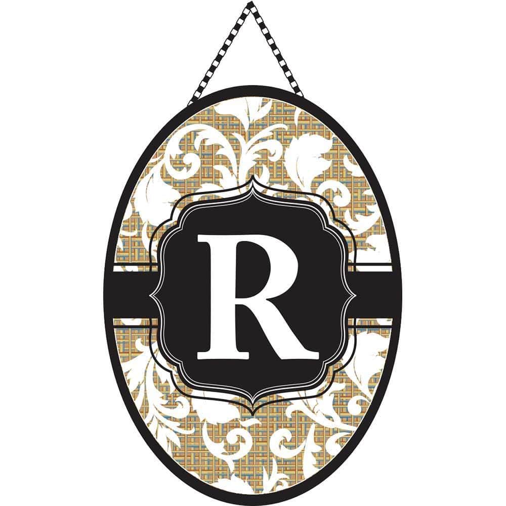 Vertical door banner with bold serif letter R centered on durable polyester, shown hanging on a front door for everyday decor.