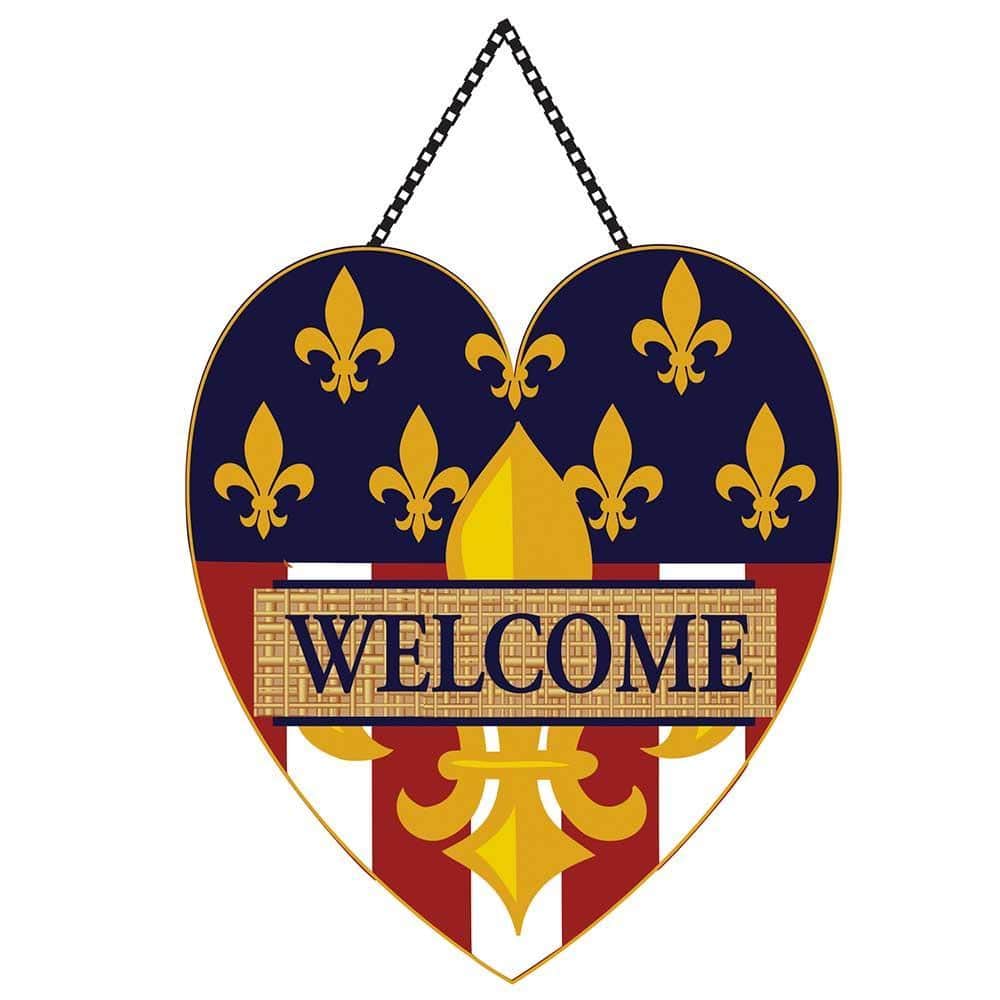 Patriotic heart vertical door banner in red, white, and blue hanging on a front door, fade-resistant fabric, quick over-the-door installation.