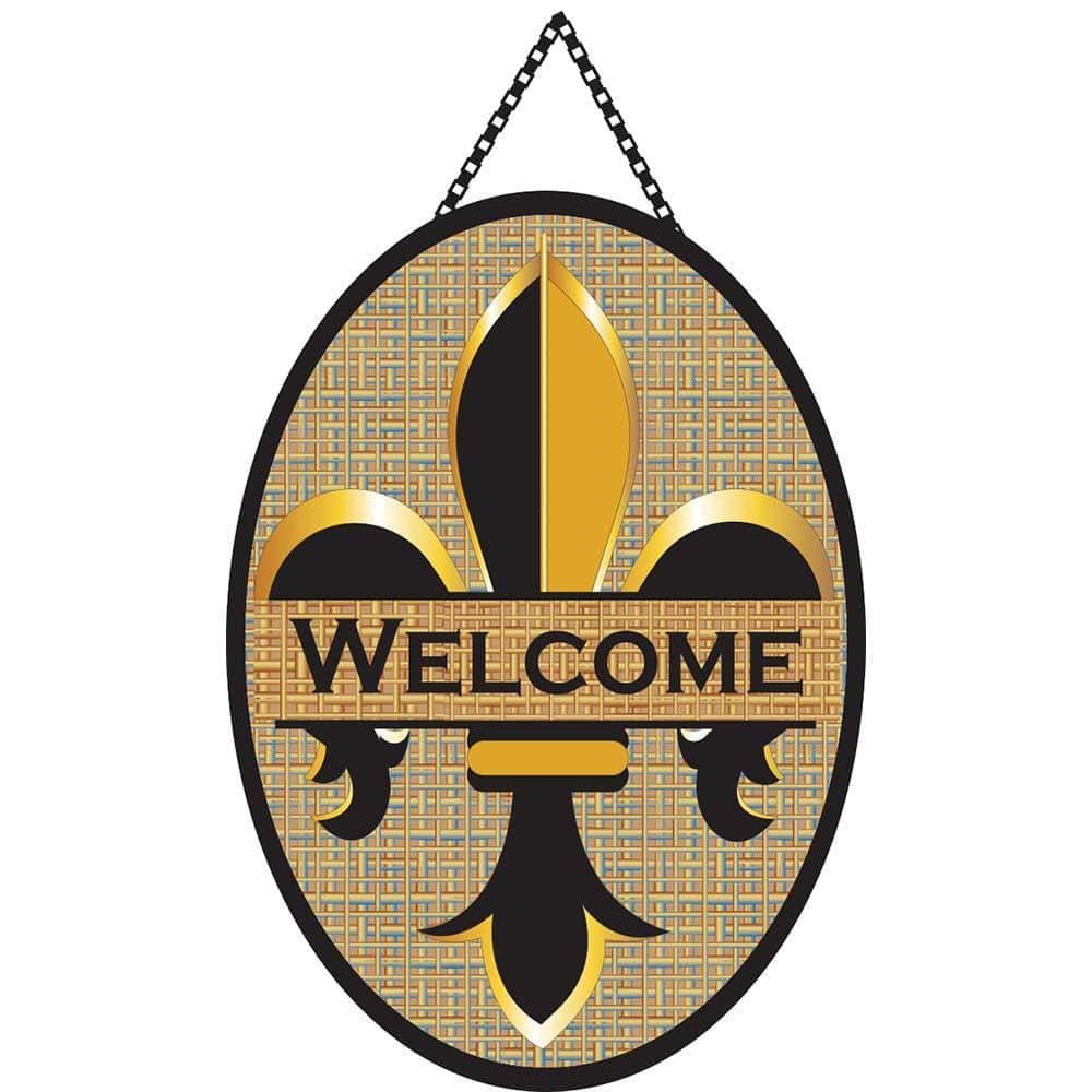 Front door banner featuring a classic fleur-de-lis emblem with 'Welcome' text in contrasting colors on a neutral background, designed for porch or entryway display and styled for everyday use