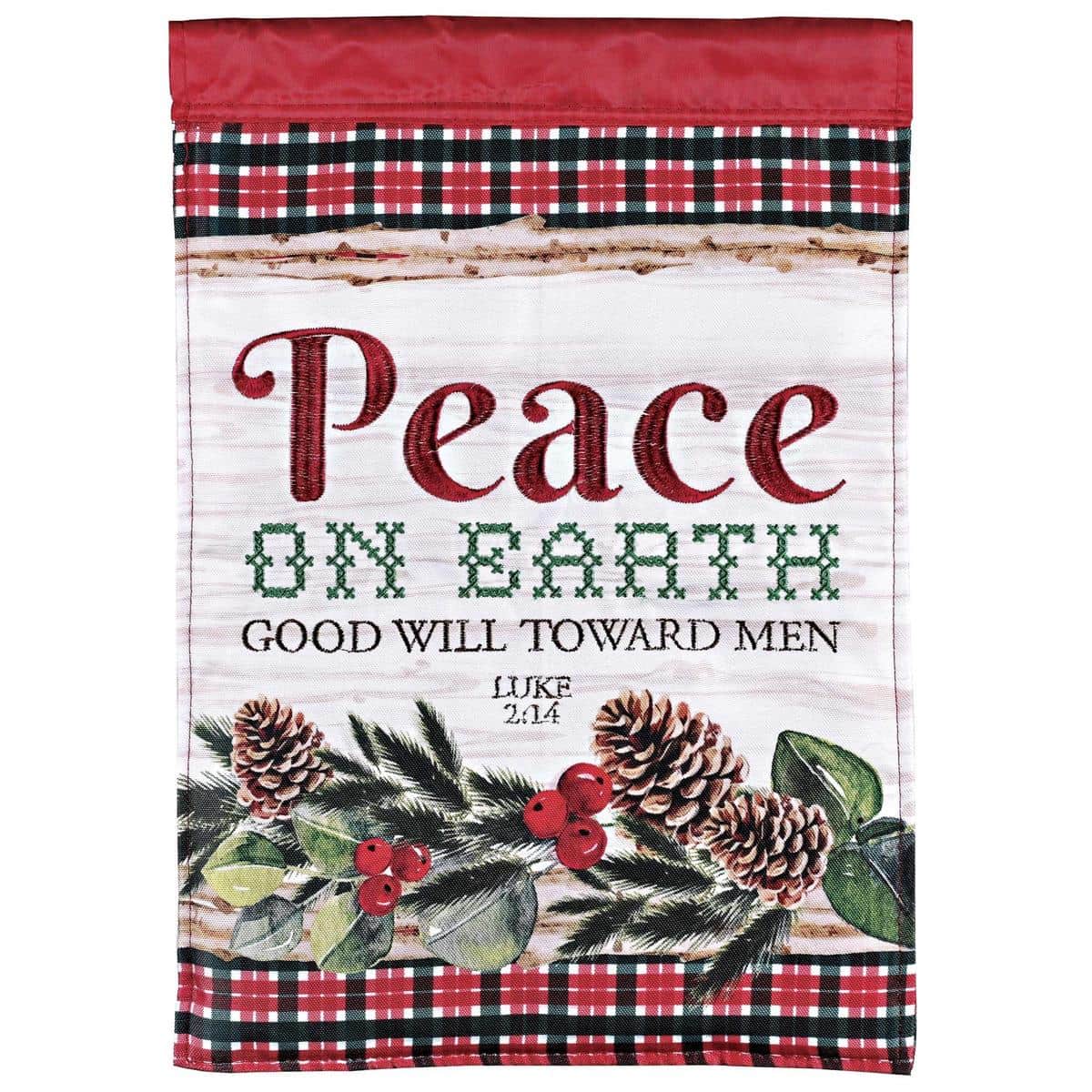 Peace On Earth double applique Christmas flag with layered fabric and stitched lettering, readable on both sides, hanging from a standard pole sleeve