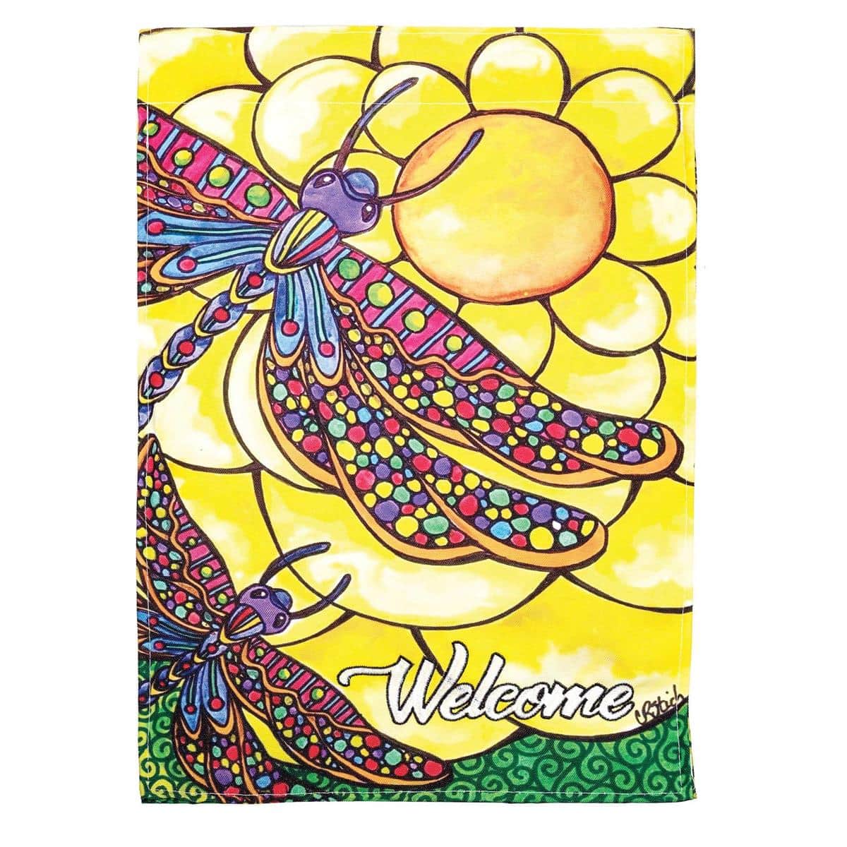 Double Applique Plus dragonflies and flowers 13x18 garden flag, two-sided, vivid teal and purple wings, floral accents, durable UV-resistant polyester.