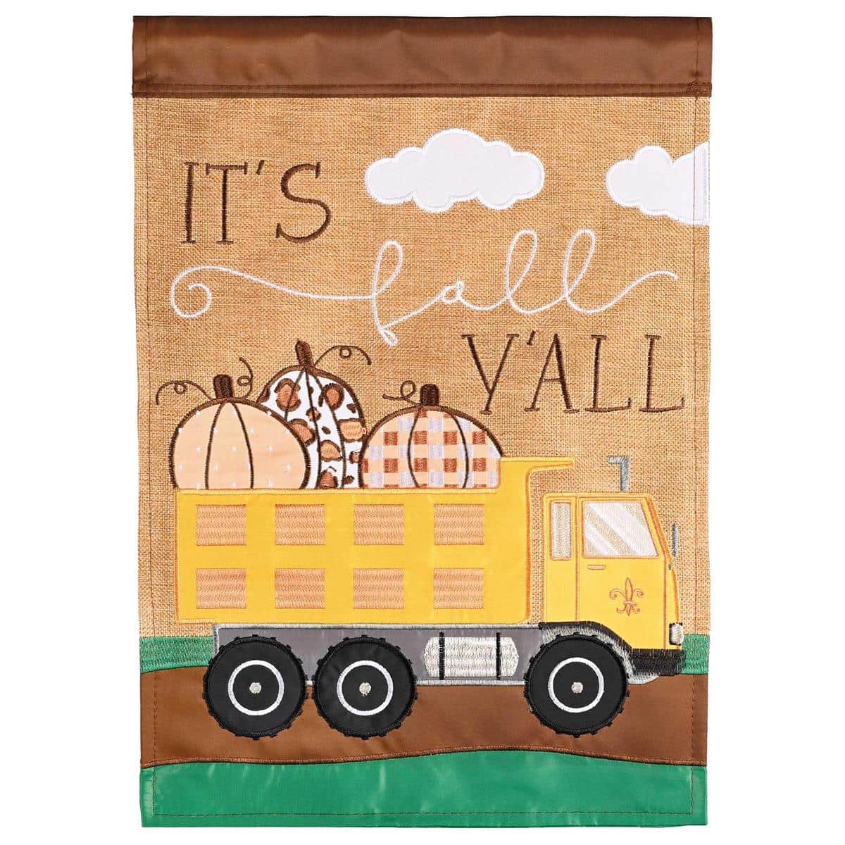 13x18 fall garden flag showing a vintage dump truck loaded with bright pumpkins, double applique stitching, bold autumn colors, outdoor seasonal yard decor
