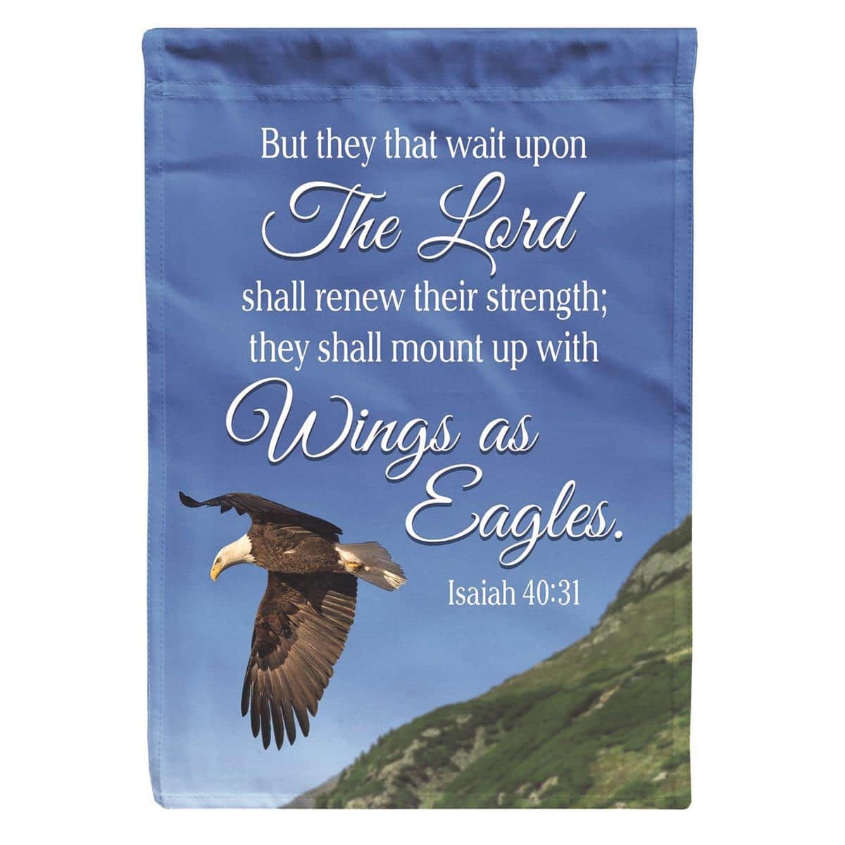 13x18 printed garden flag featuring a soaring eagle above the scripture Isaiah 40:31, shown on a soft gradient sky background for inspirational outdoor display