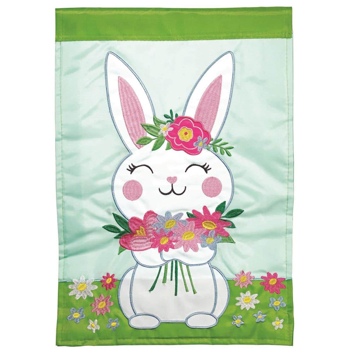 13x18 Easter garden flag featuring appliqued bunny among pastel flowers and greenery - double applique spring porch decoration for planter or lawn display.