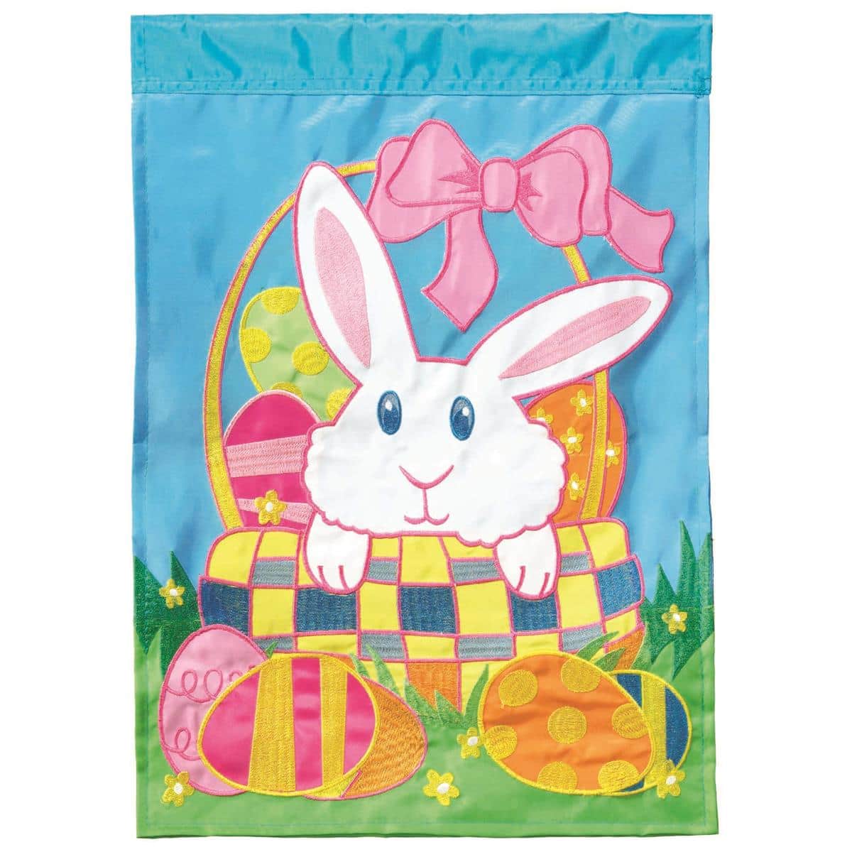 13x18 Easter Bunny front and back double applique garden flag showing a reversible bunny motif with spring florals and vibrant pastel colors for outdoor display.