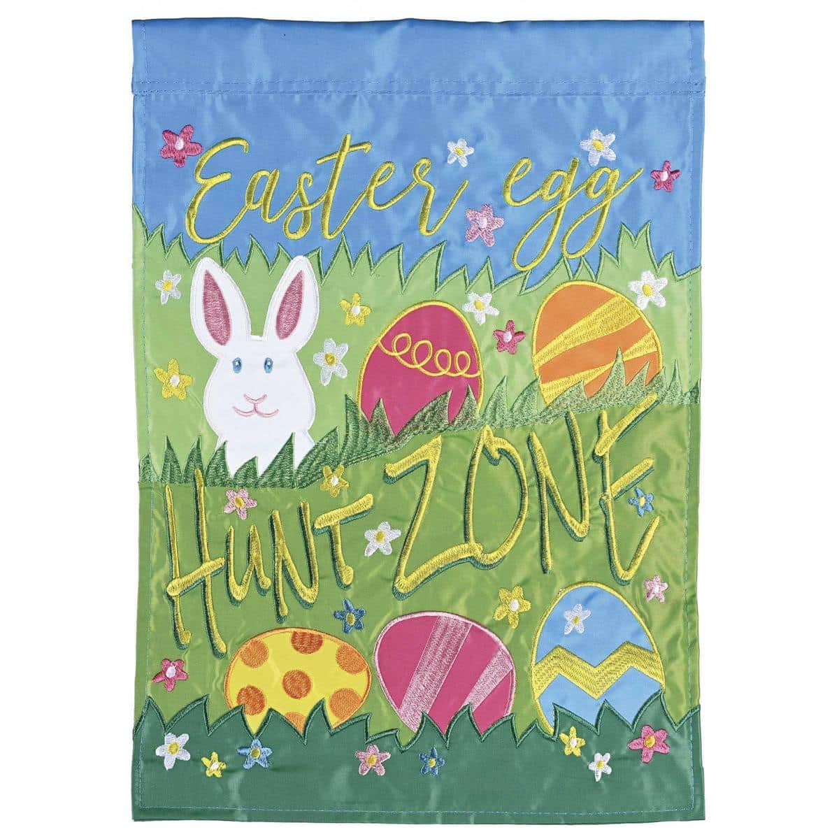 Colorful Easter Egg Hunt Zone 29 by 42 inch double applique banner flag with pastel eggs, bunnies, flowers, and bold event text for front yard, porch, garden, or party display.