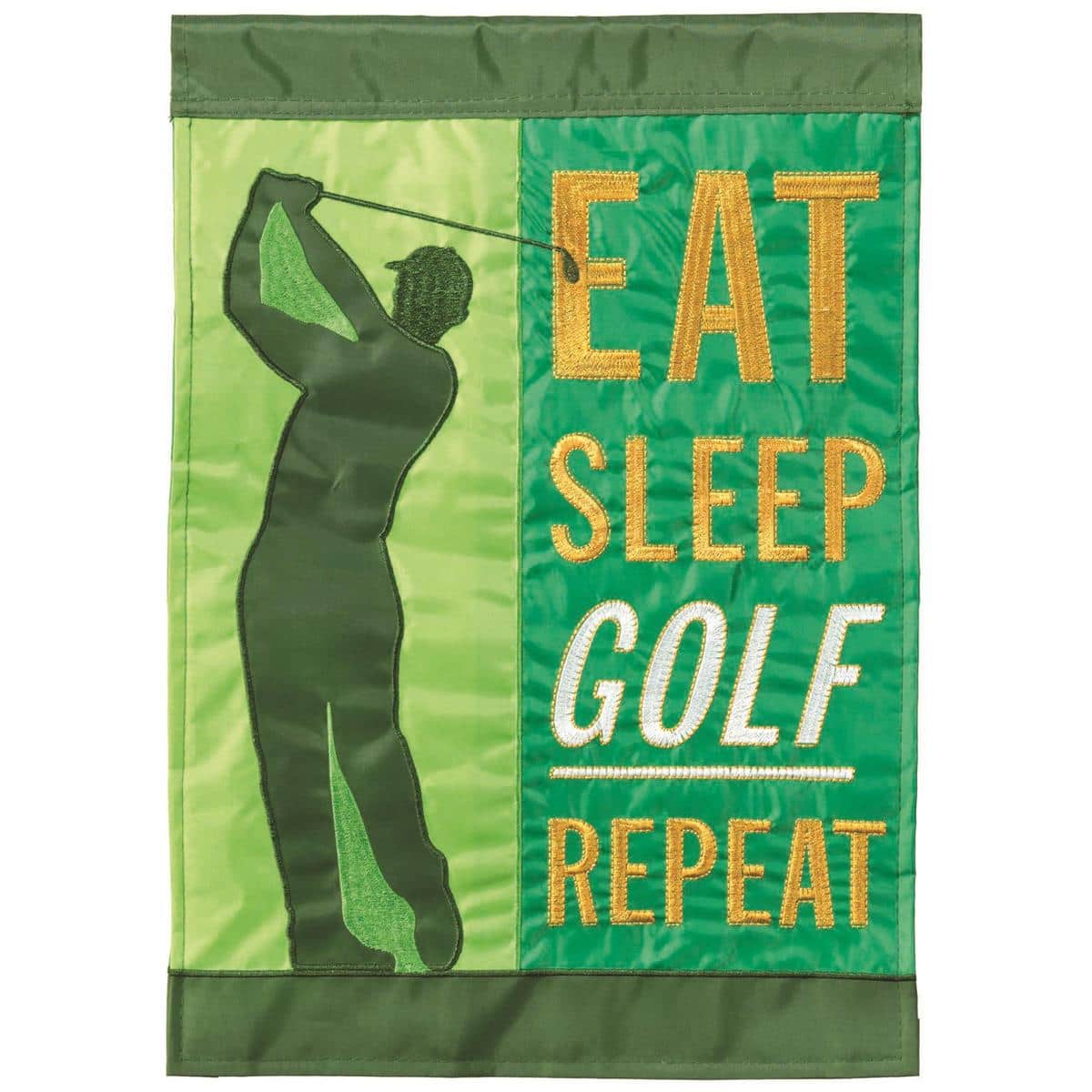 Eat Sleep Golf Repeat 13x18 double applique garden flag showing bold repeating slogan, golf clubs, ball and tee graphics, hung on a garden flag pole in a lawn setting