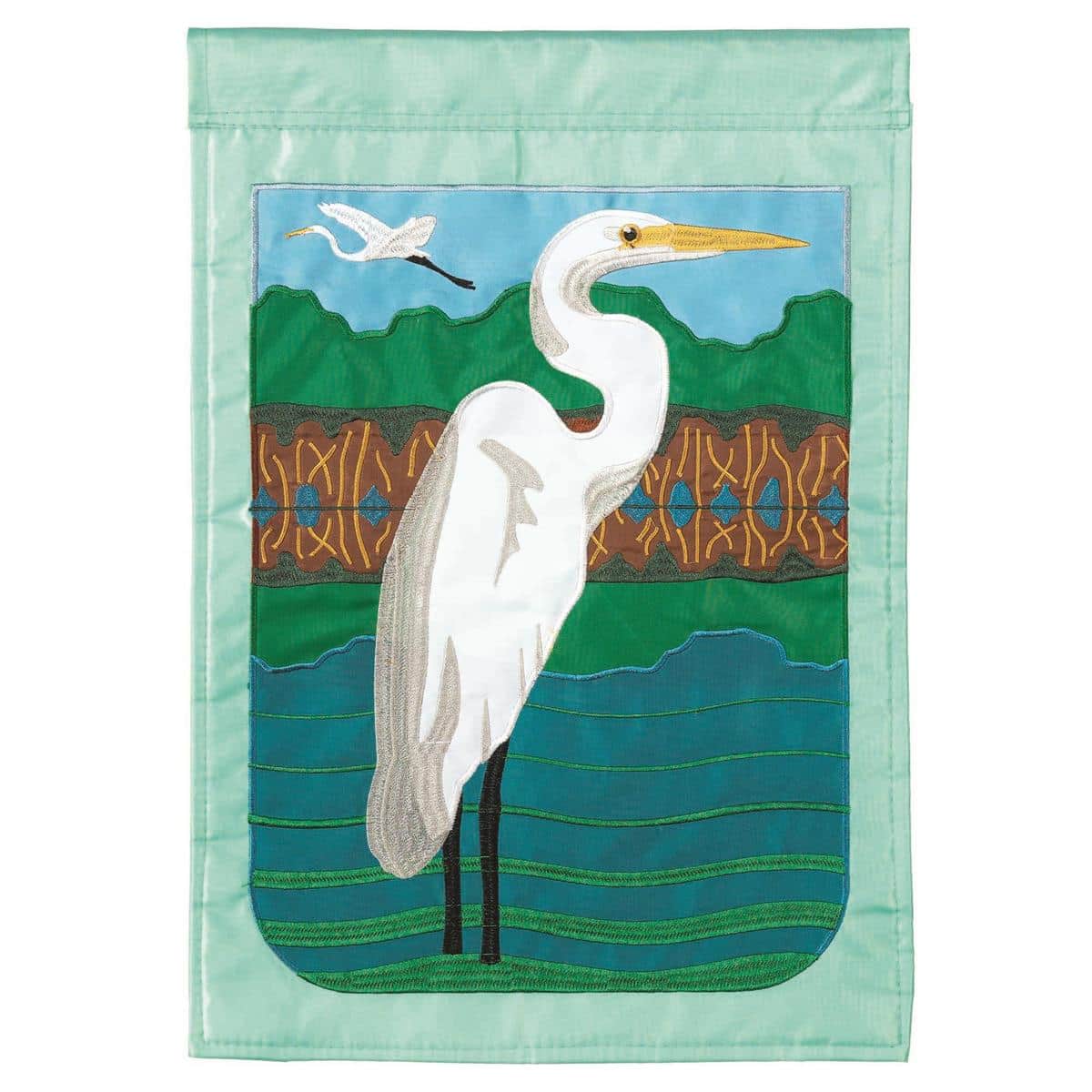 Double applique egret standing among marsh reeds on a 13x18 outdoor garden flag, two-sided design with embroidered details and reinforced pole sleeve.