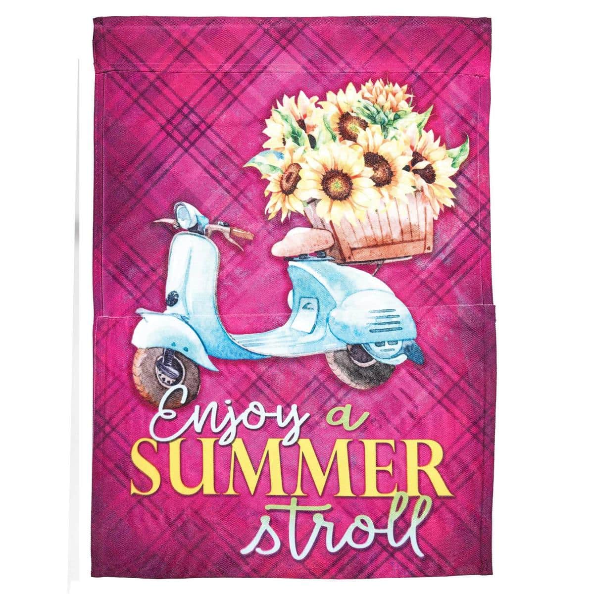 30x44 Enjoy A Summer Stroll printed banner flag showing a sunlit stroll scene with trees, a shaded path, and relaxed figures walking through a summer neighborhood mood on a bright backdrop.