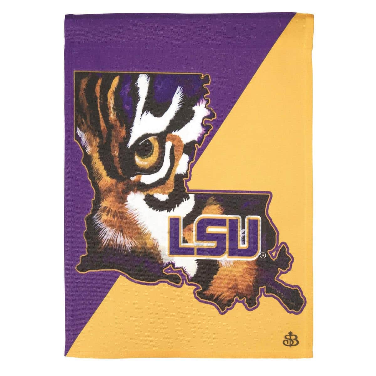 13x18 LSU garden flag with Eye Of The Tiger print in purple and gold shown mounted on a garden pole for outdoor display