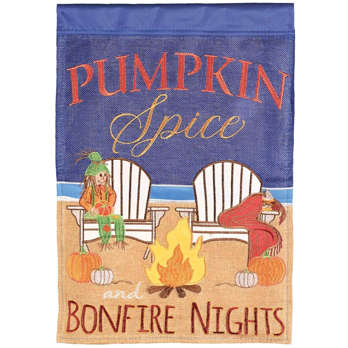 13x18 Fall Beach Bonfire garden flag featuring double applique campfire scene with driftwood, pumpkins, and seagrass on durable outdoor fabric for porch or yard display