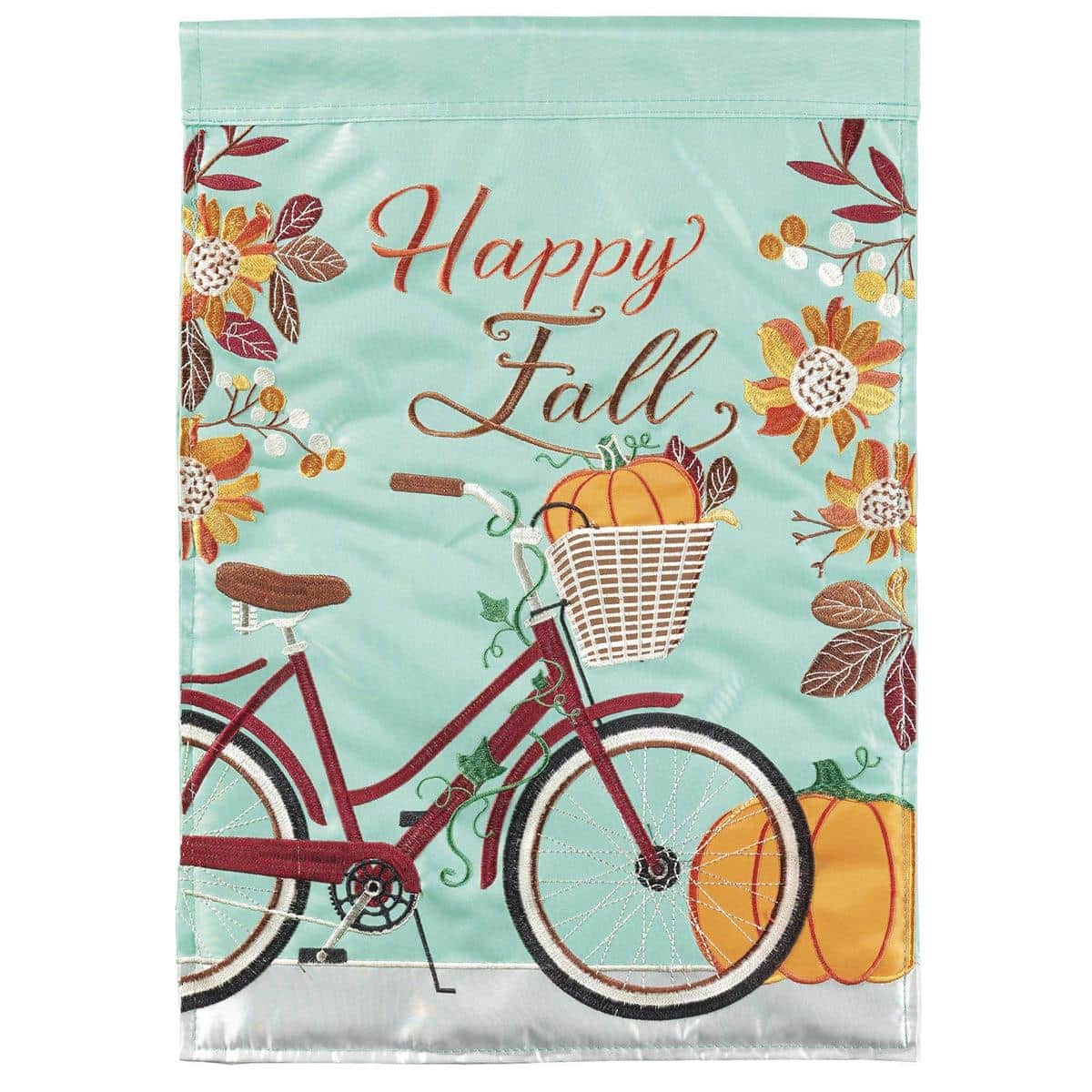 13x18 Fall Bicycle Garden Flag showing a vintage bicycle with a pumpkin-filled basket, falling maple leaves, rich orange and brown tones, and visible double applique stitching for seasonal outdoor decor.