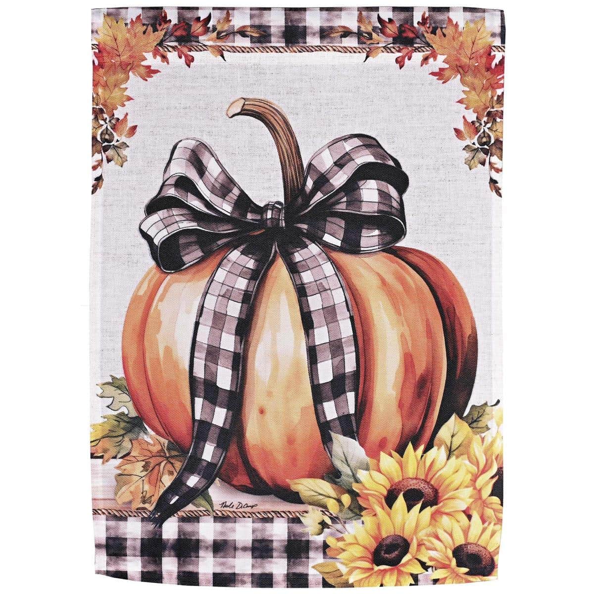 Printed Fall Buffalo Ribbon Pumpkin porch flag showing a buffalo check ribbon and a bright orange pumpkin on a neutral background, styled for farmhouse autumn decor and outdoor display.
