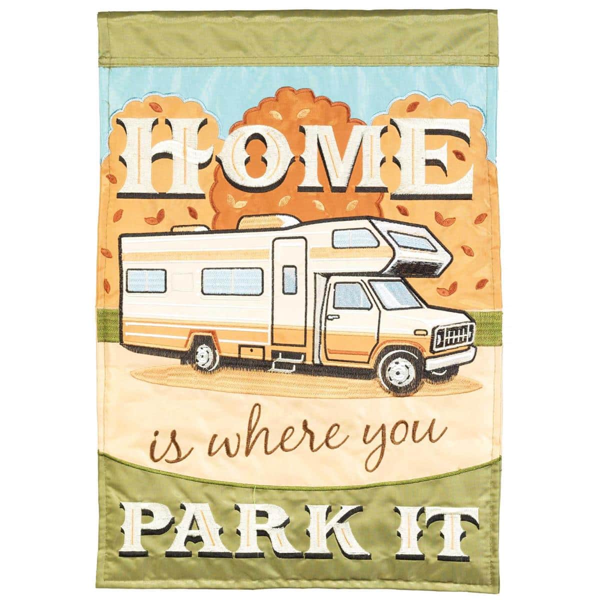 Double applique 13x18 Fall C Class Camper garden flag with warm autumn colors, layered camper applique, pumpkins and falling leaves, shown mounted on a porch flag holder.