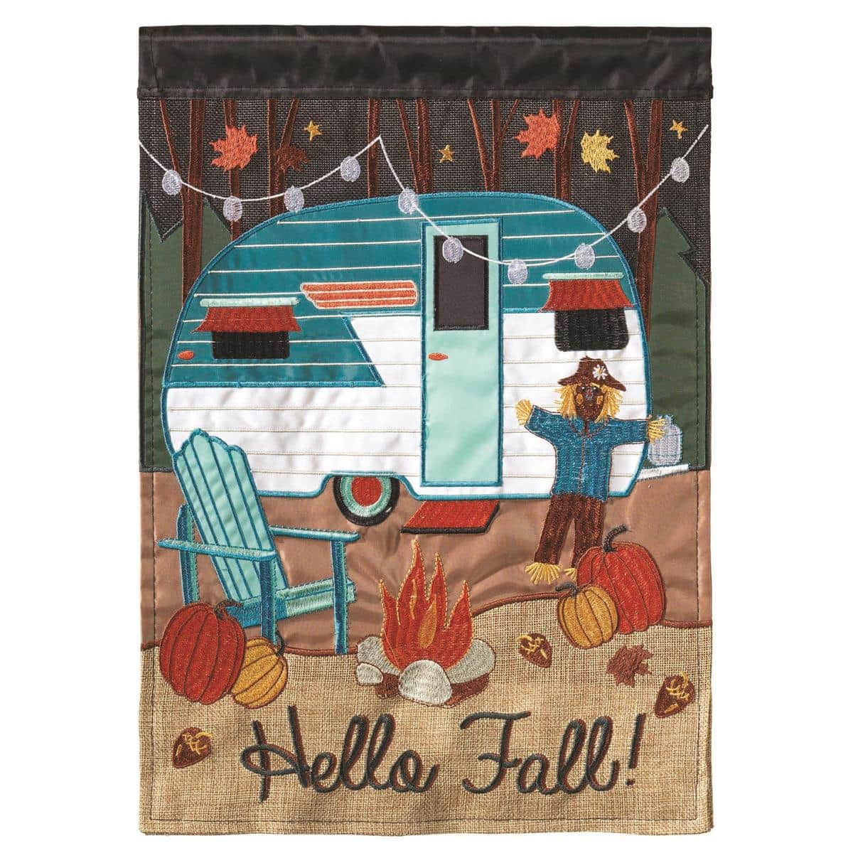 13x18 Fall Camper burlap garden flag with layered double applique camper, pumpkins, leaves, warm autumn colors and reinforced sleeve for standard garden pole display on porch or garden.