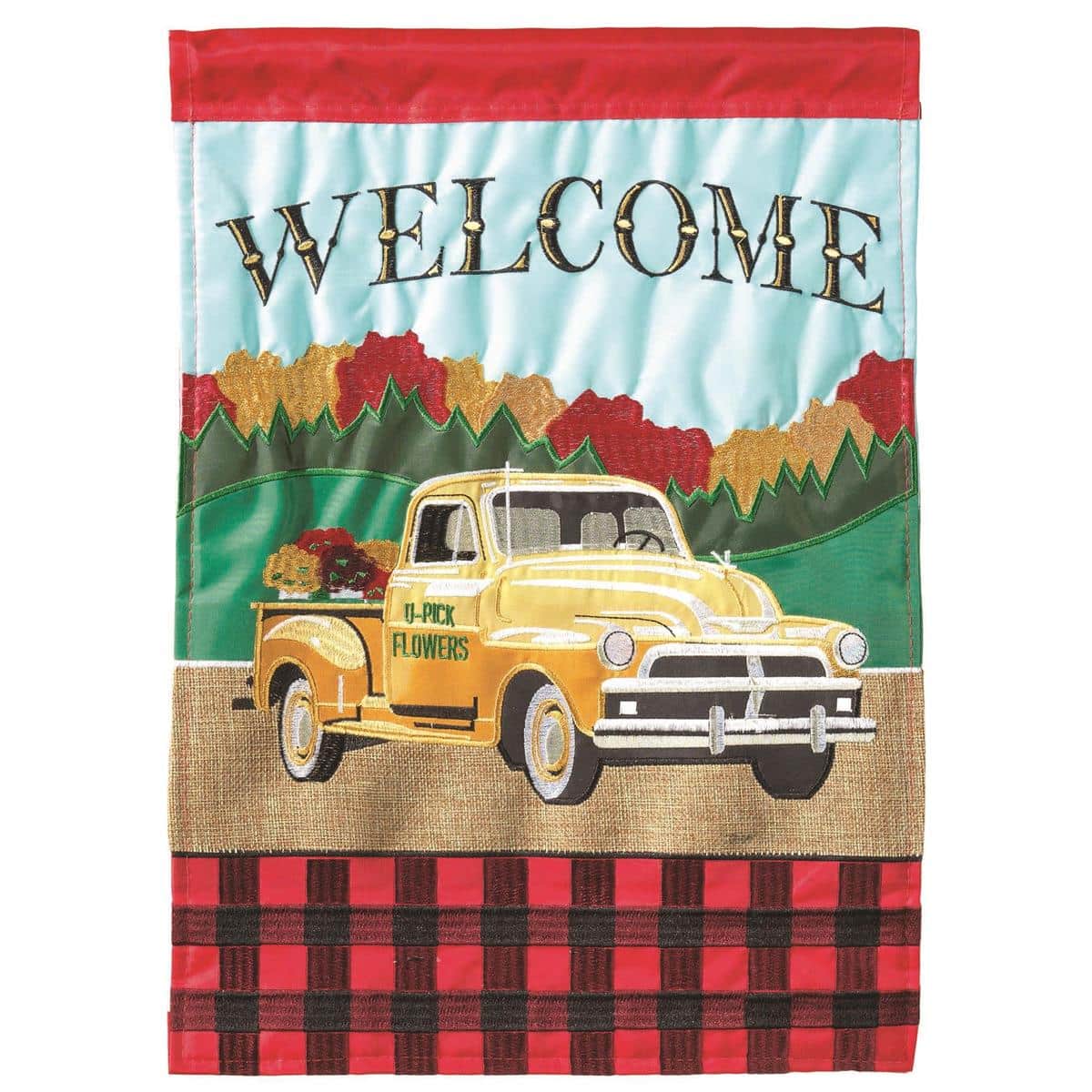 Rustic fall garden flag showing a country pickup truck filled with pumpkins and autumn foliage on a textured burlap face, double applique details and reinforced sleeve for a 13x18 inch garden flag pole, staged on a front porch with mums and seasonal accents.
