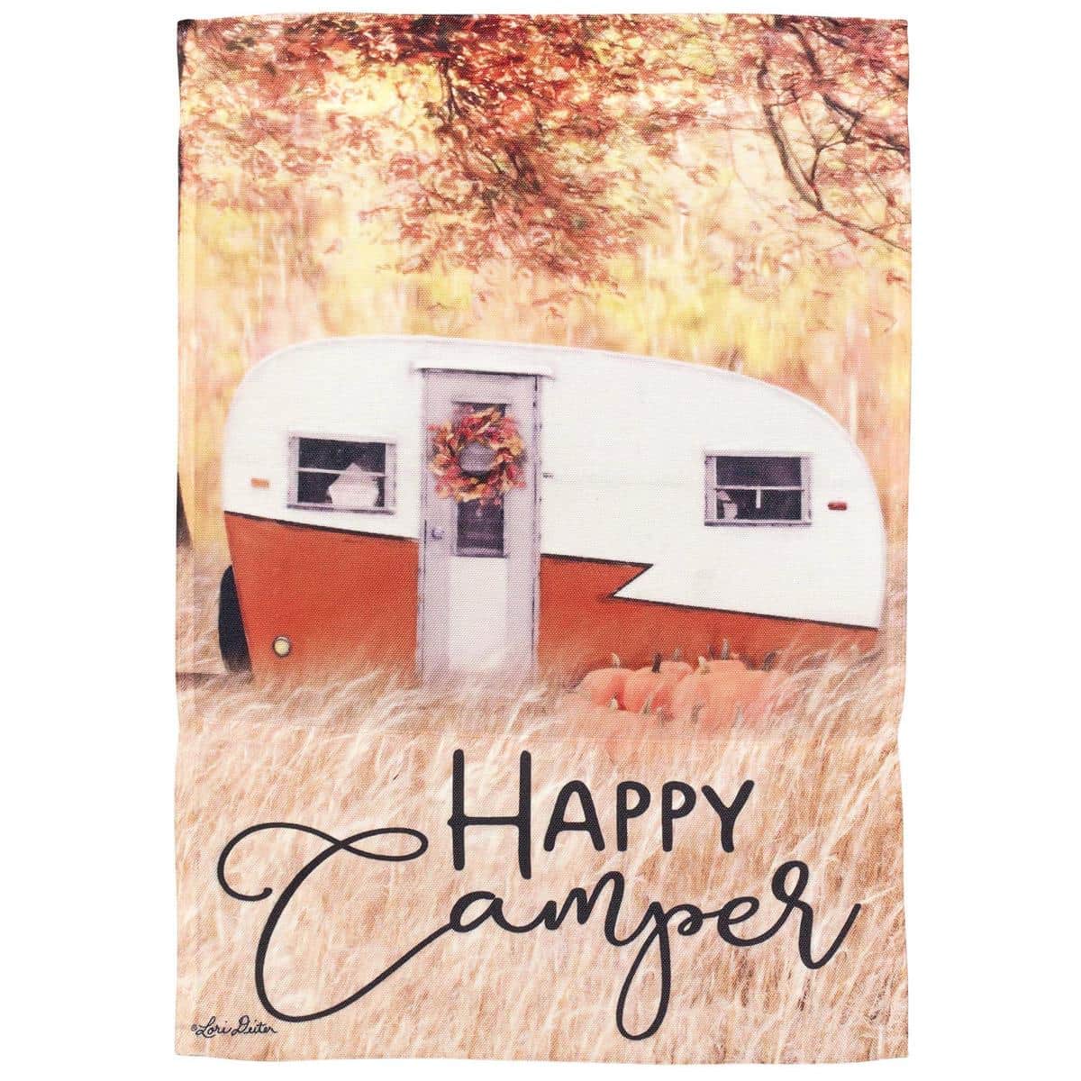 Autumn Happy Camper garden flag 13x18 with camper, pumpkins, and leaves printed design displayed on a front porch flag holder for seasonal outdoor decor.