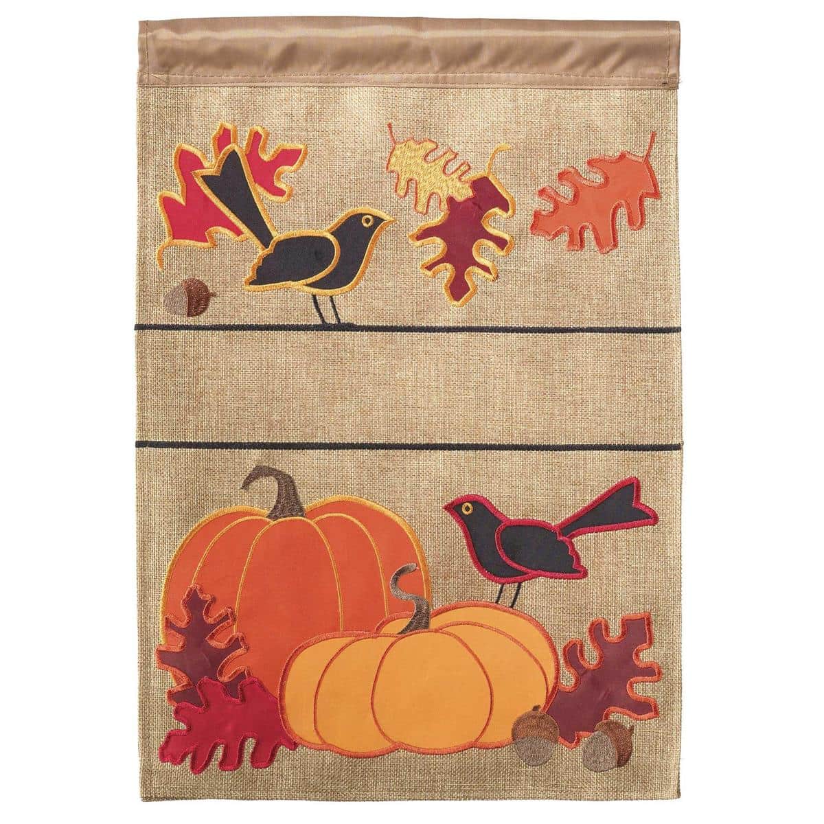 13x18 fall garden flag with colorful autumn leaves and perched birds in layered double applique, blank center for personalization, designed for porch, lawn, or container display.