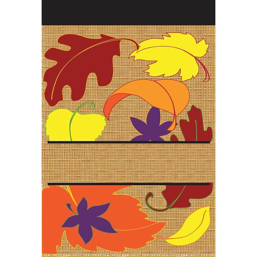 13x18 burlap garden flag with double applique fall leaves motif displayed on a front porch flag stand, showing layered leaf textures and rustic farmhouse styling.