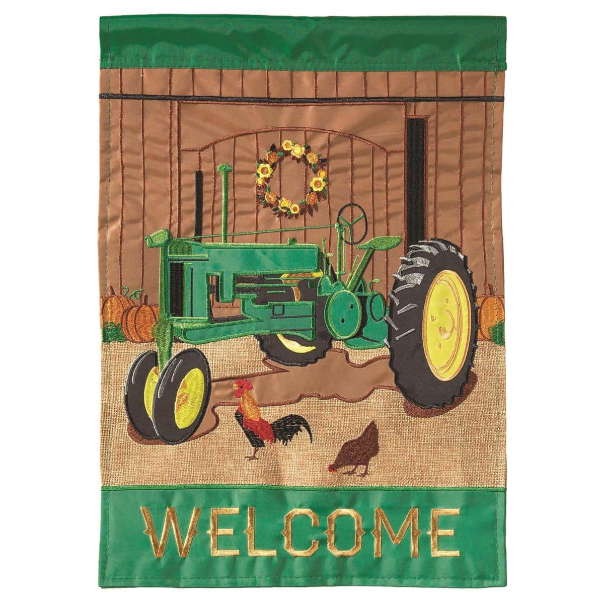 13x18 Fall Tractor burlap garden flag with double applique tractor motif on textured burlap for rustic farmhouse porch and yard seasonal decor.