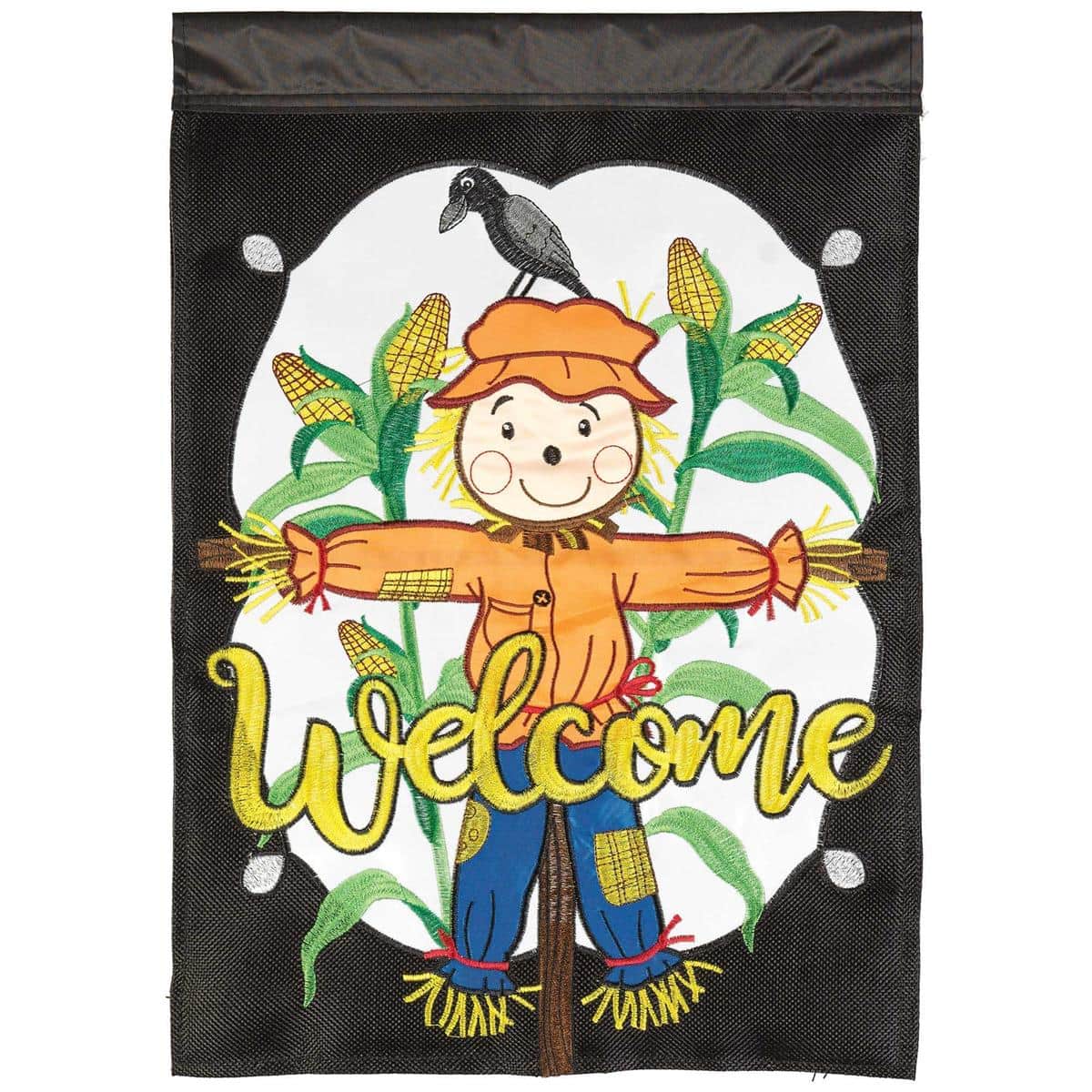 13x18 double applique fall scarecrow garden flag with Welcome message in autumn colors, displayed outdoors on a standard garden flag stand