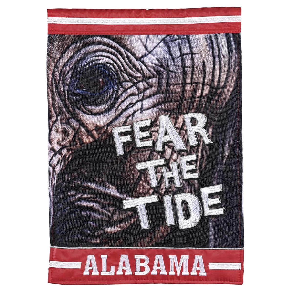 Fear The Tide Alabama 13x18 double applique garden flag on a metal stand by a walkway, bold crimson and white lettering, durable weather-resistant outdoor decor
