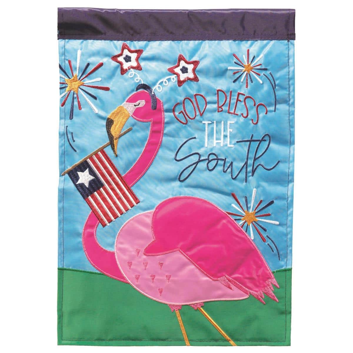 13x18 double applique garden flag image showing pink flamingo, 'God Bless The South' lettering, stars and stripes accents, patriotic Southern summer design on durable fabric.