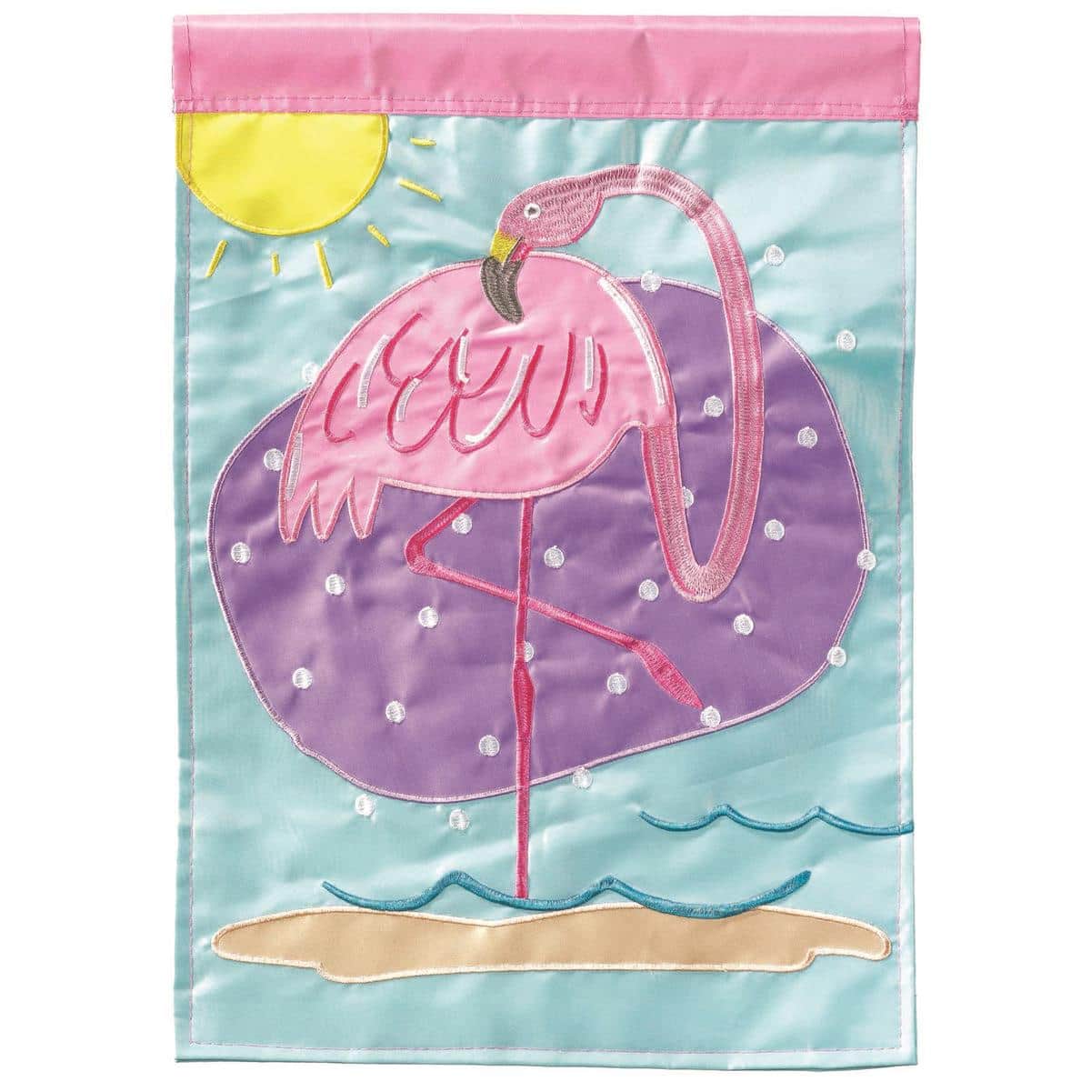 Main image of Flamingo Sun 13x18 double applique garden flag showing a bright pink flamingo silhouette against a radiant sunburst background with layered applique detail on durable outdoor fabric.