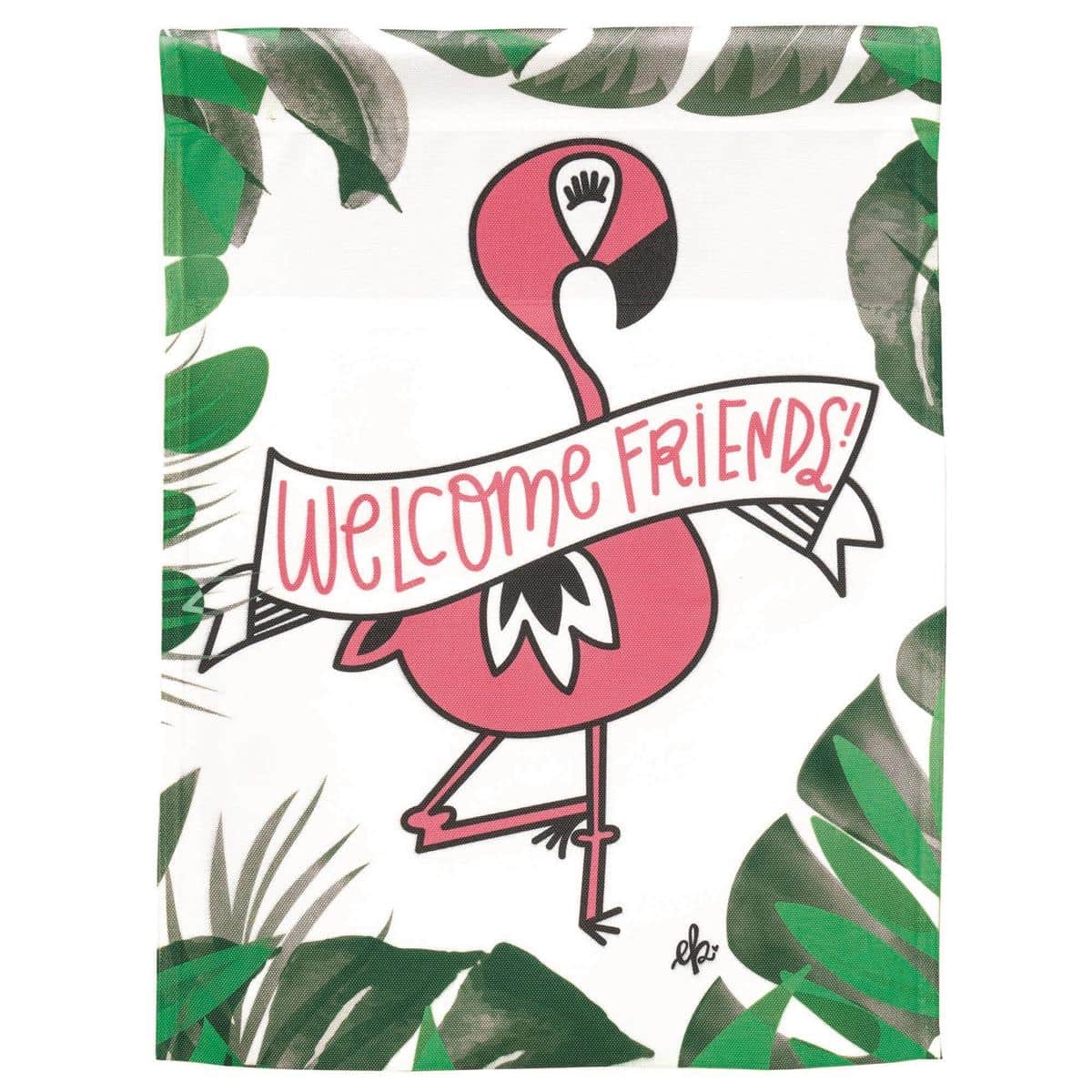 13x18 printed garden flag showing pink flamingos and the words 'Welcome Friends', displayed on a small yard flag stand in a sunny porch setting.