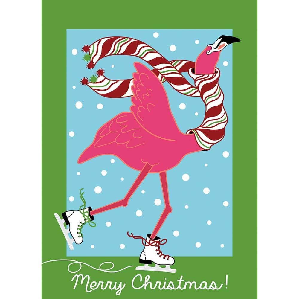 29x42 flamingos double applique winter banner flag showing two pink flamingos standing amid stylized winter reeds and subtle seasonal accents on a contrasting background, high detail.