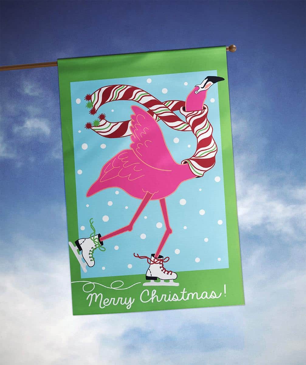29x42 flamingos double applique winter banner flag showing two pink flamingos standing amid stylized winter reeds and subtle seasonal accents on a contrasting background, high detail.