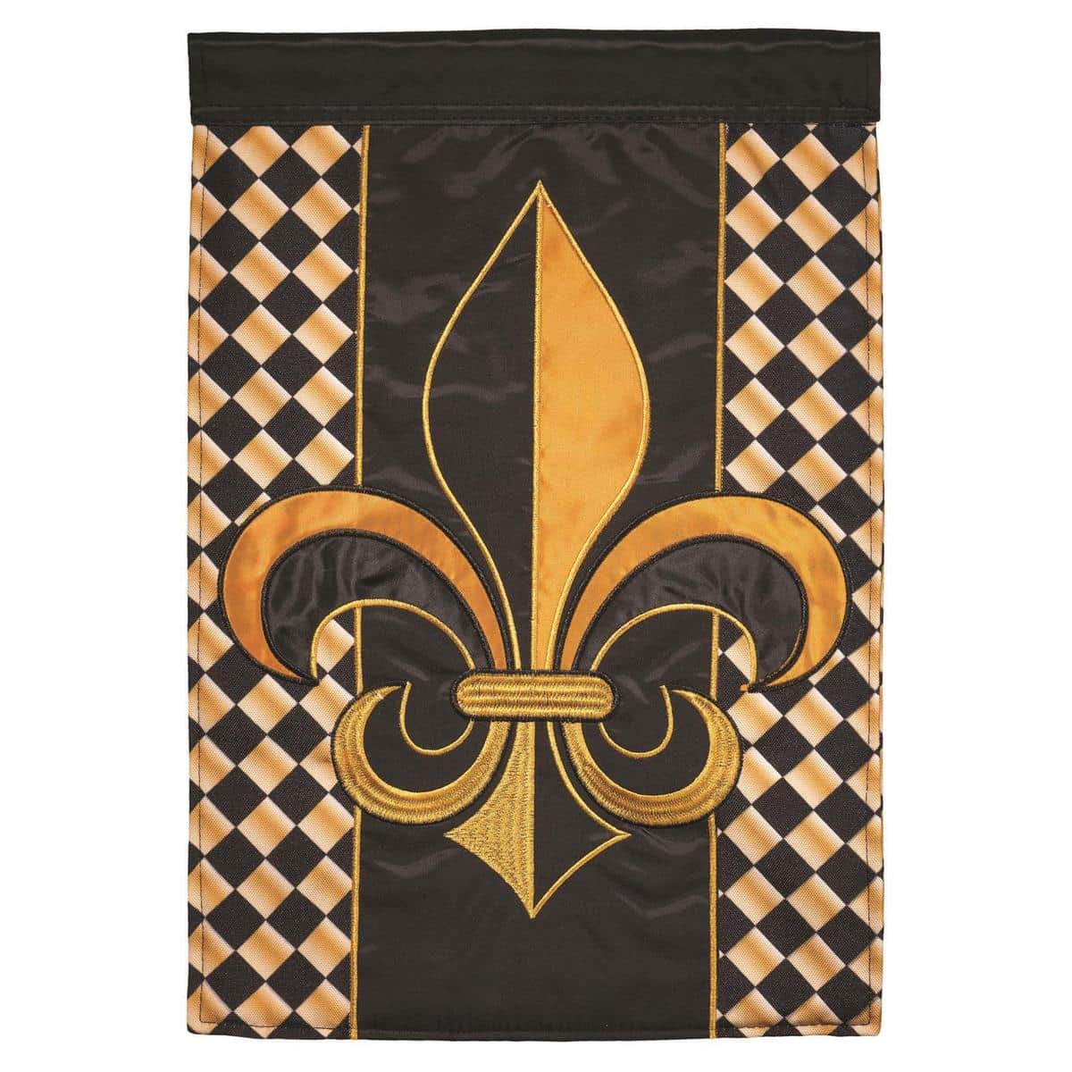 Black and gold fleur-de-lis 13x18 garden flag with layered double applique design on both sides, displayed on a standard yard stand near a front walkway.