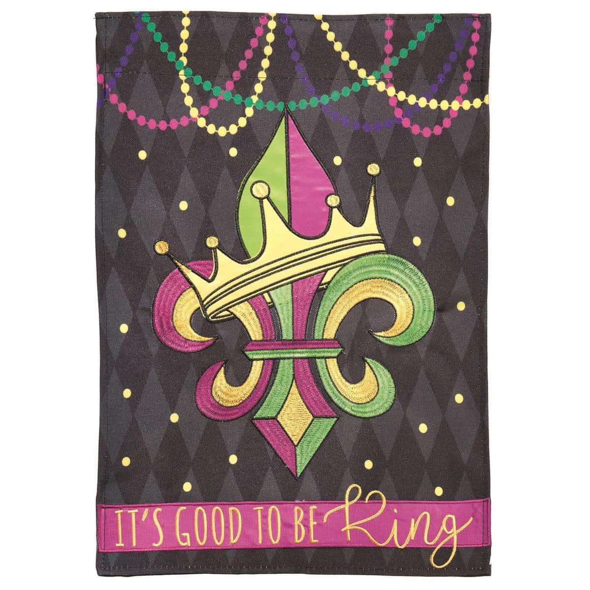 Alt text: Close-up of 13x18 Fleur-De-Lis Crown Beads garden flag showing beaded crown and fleur-de-lis motif in purple green gold on textured fabric