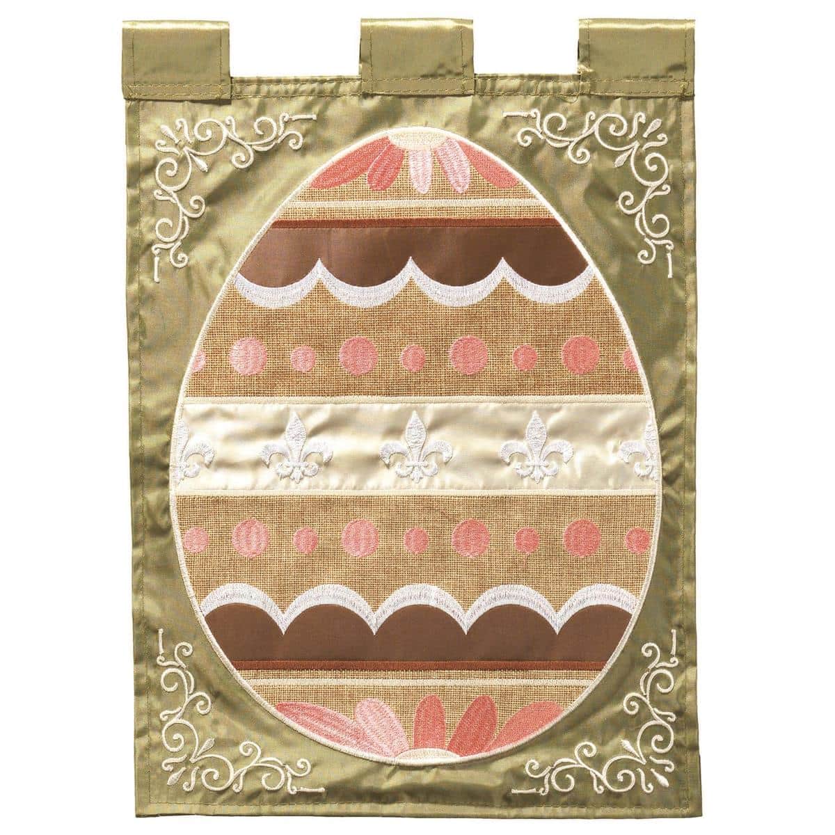 Close-up image of a 13x18 double applique Fleur-De-Lis Easter Egg garden flag displayed on a metal garden pole showing pastel decorated eggs, gold-toned fleur-de-lis motif, layered fabric textures, and reinforced sleeve for outdoor spring porch or yard decor