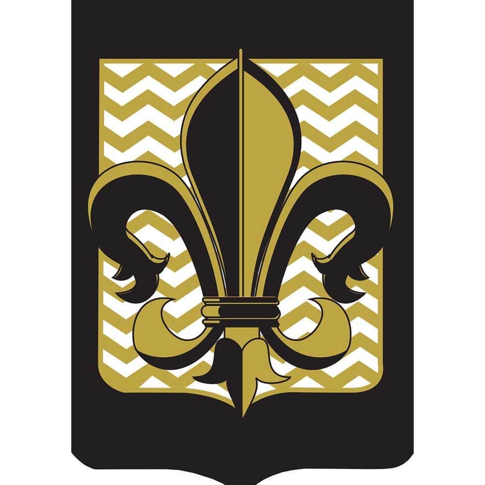 29x42 Fleur-De-Lis Gold Chevron double applique banner flag on a garden pole, showing the metallic gold fleur-de-lis applique with bold chevron background and tailored hem.