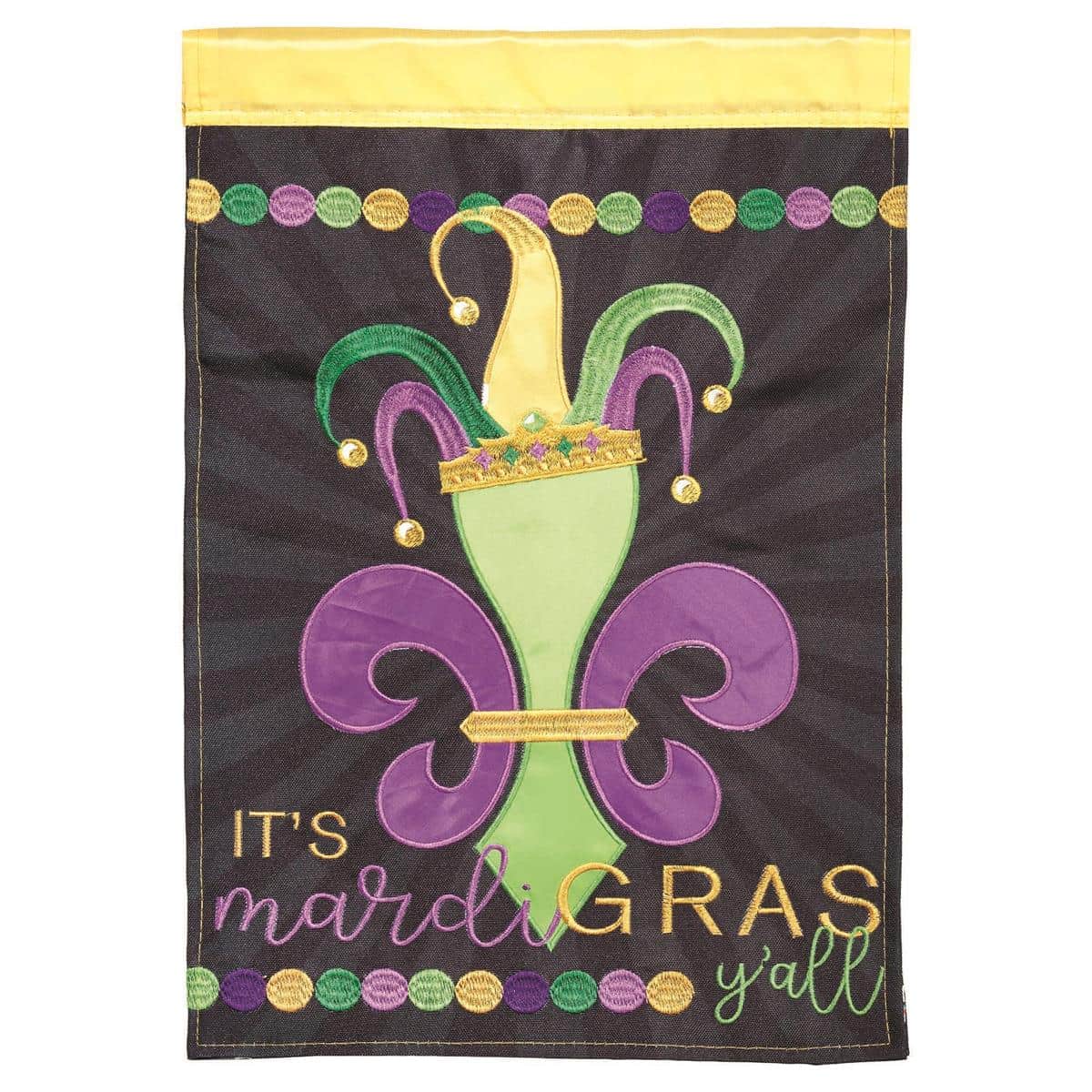 13x18 Fleur-De-Lis Jester Hat garden flag in purple, green, and gold with layered double-applique detailing shown mounted on a standard lawn stand for outdoor display