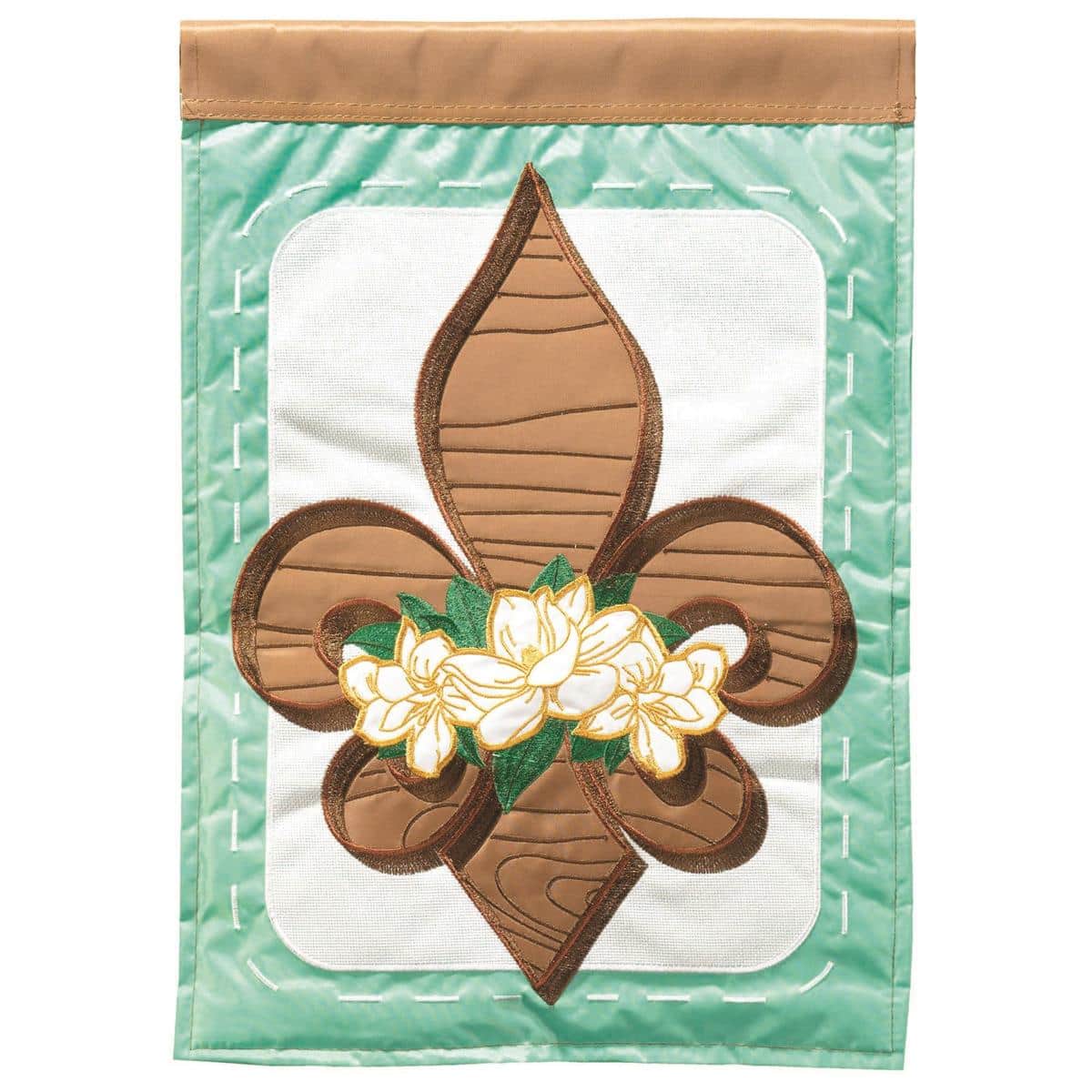 29x42 Fleur-De-Lis Magnolia burlap banner flag with layered applique magnolia flowers and fleur-de-lis emblem on rustic burlap background for porch and garden display