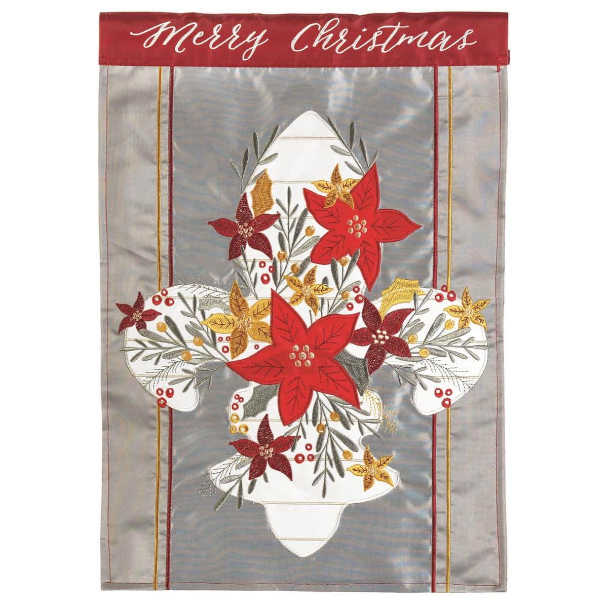 LA-Christmas double applique garden flag featuring a bold fleur-de-lis and Merry Christmas message, 13x18 inches, hanging on a yard stand in a festive garden.