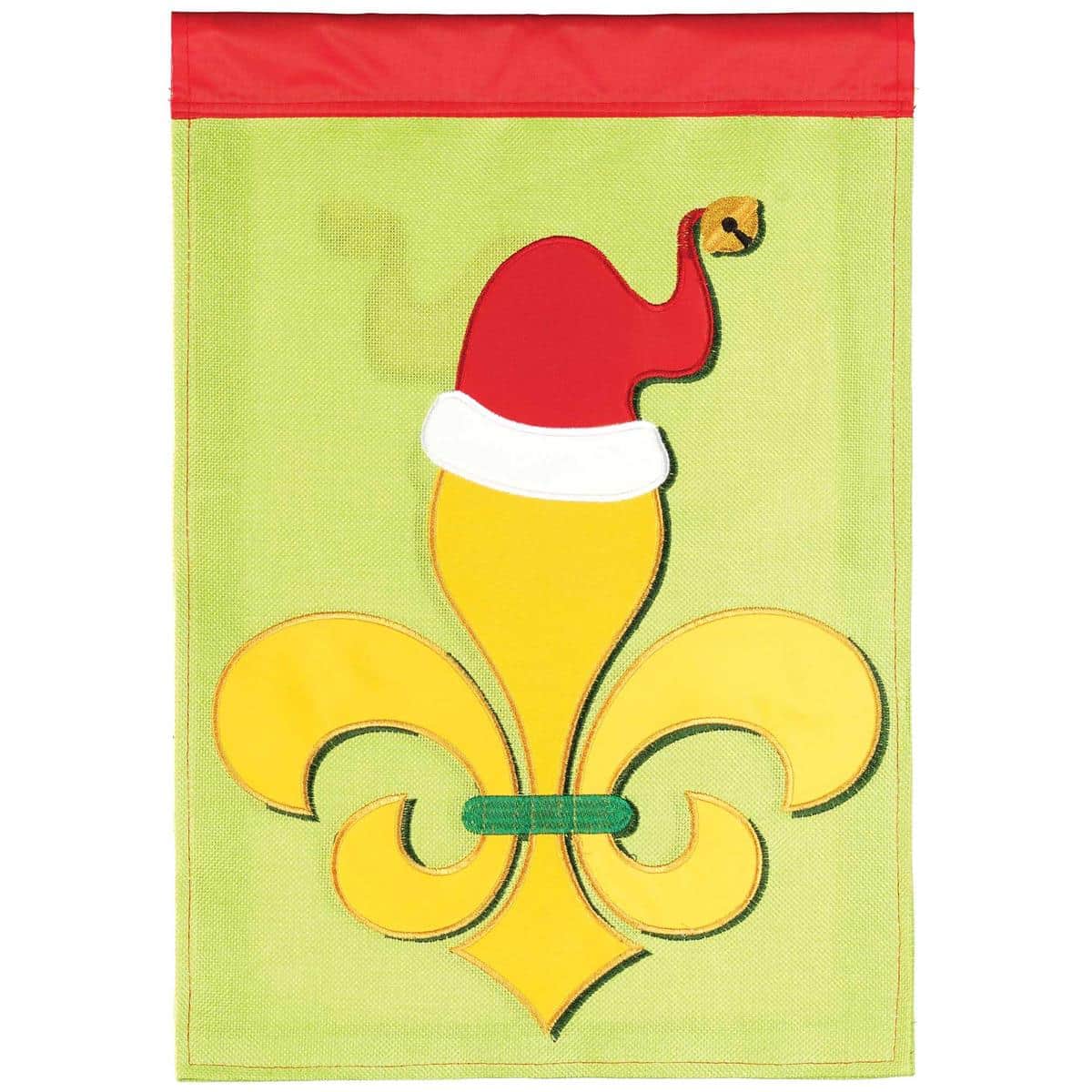 13x18 double applique Fleur-De-Lis Santa Hat garden flag with red Santa hat and gold-accent fleur-de-lis on a festive background, shown hanging from a small garden pole.