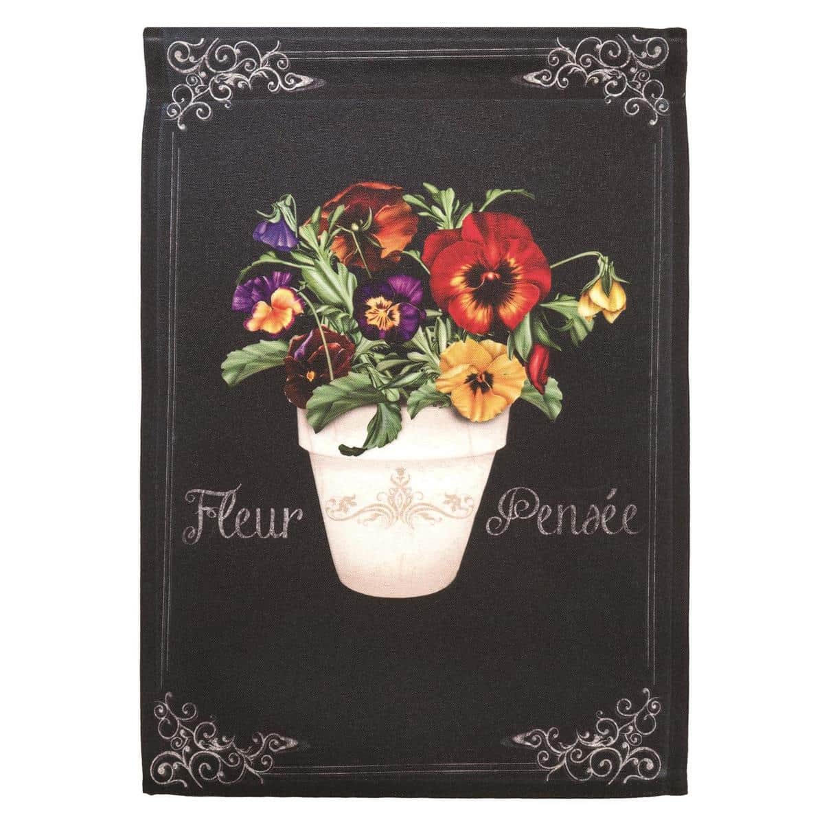 French-inspired Fleur Pensee 30x44 pansy floral printed banner flag on a house pole, rich purple and gold blossoms with green leaves, outdoor porch setting.