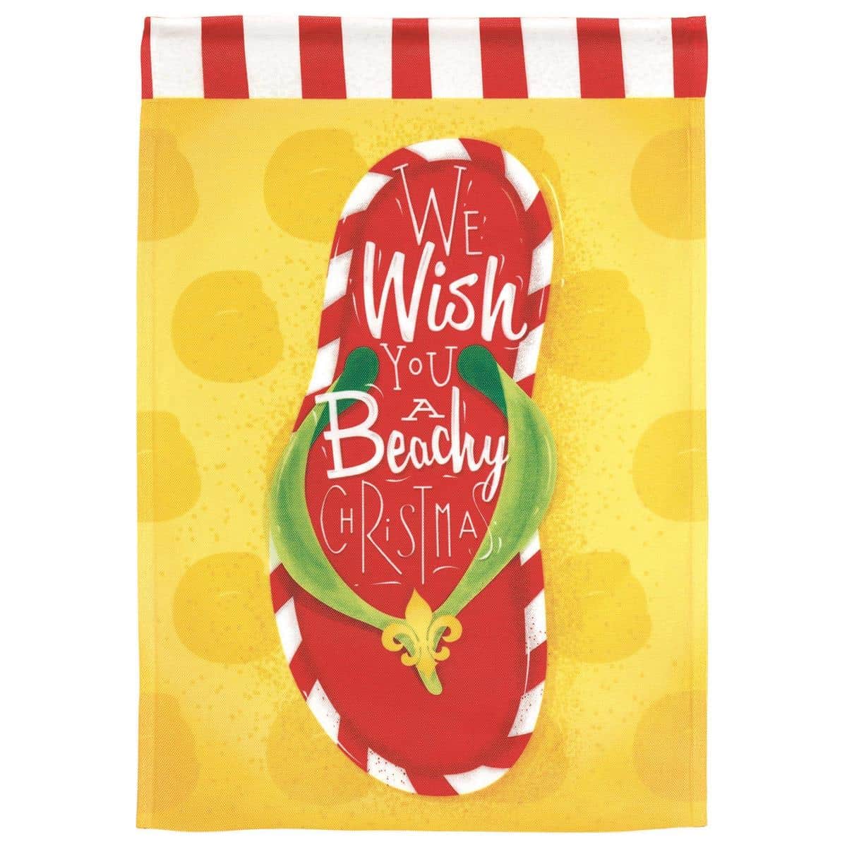 13x18 Flip Flop Fleur-De-Lis Christmas garden flag with printed red, green, and gold design, top sleeve for standard stand, outdoor holiday decor.