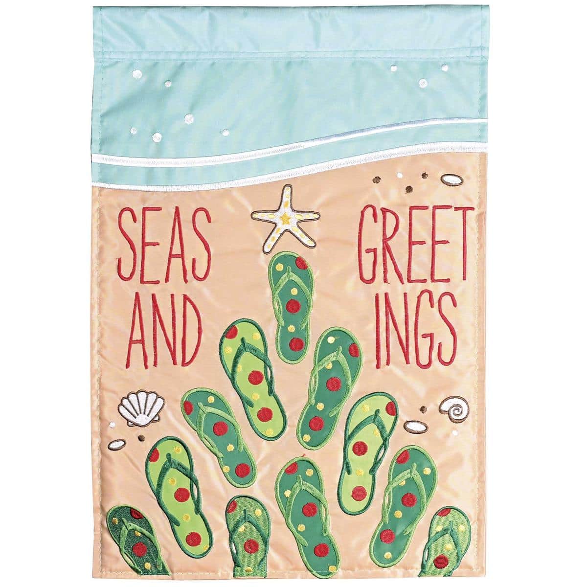 Flops Tree Seas And Greeting coastal Christmas double applique outdoor flag featuring flip flops, a festive coastal tree, rolling waves, and Seas and Greetings text