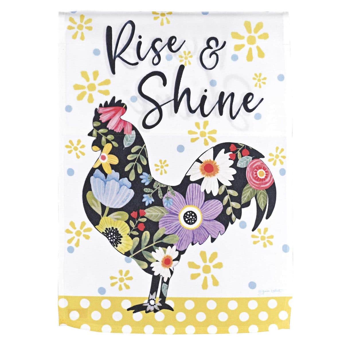 Printed 13x18 garden flag showing a smiling farm hen amid colorful flowers with Rise & Shine script, vibrant outdoor-safe print designed for porch, patio, or garden display.