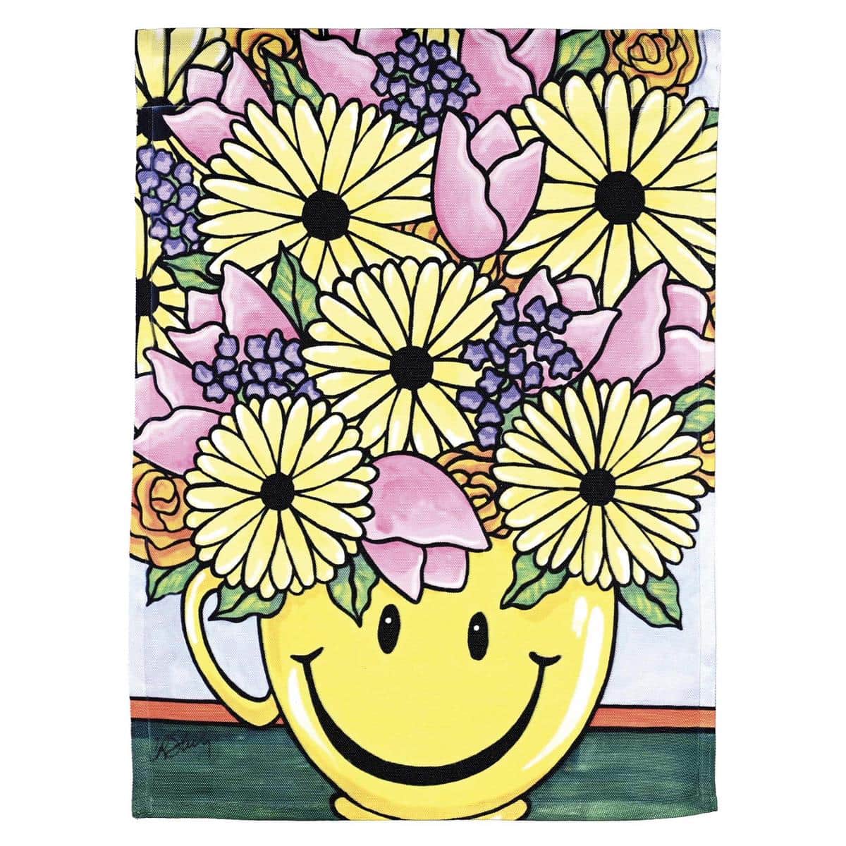 13x18 Floral Delivery Of Smiles garden flag showing bright printed flowers and a friendly 'Delivery Of Smiles' message on weather-resistant polyester, displayed on a small garden pole by a front walkway.