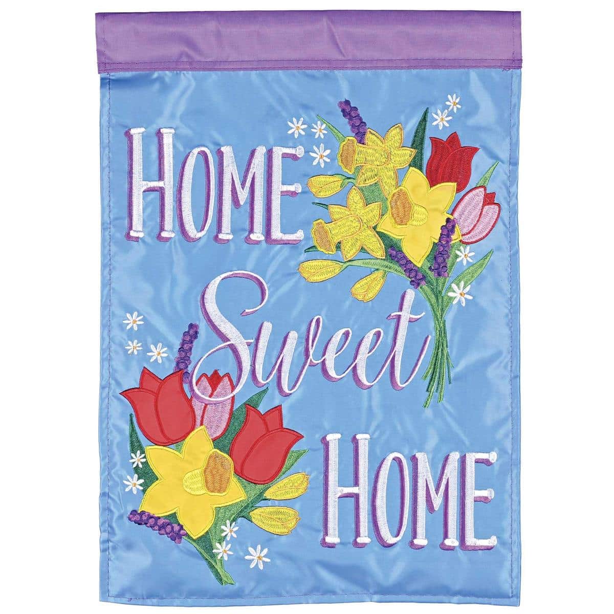 Layered view of Floral Home Sweet Home flag showing double applique flowers and stitched "Home Sweet Home" lettering on textured outdoor fabric, vibrant seasonal colors for porch or garden display.